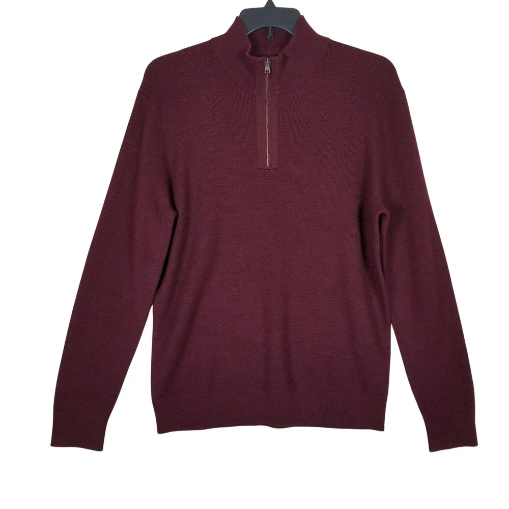 Banana Republic Sweater Mens L Burgundy Merino Wool Waffle 1/4 Zip 591168-01-1